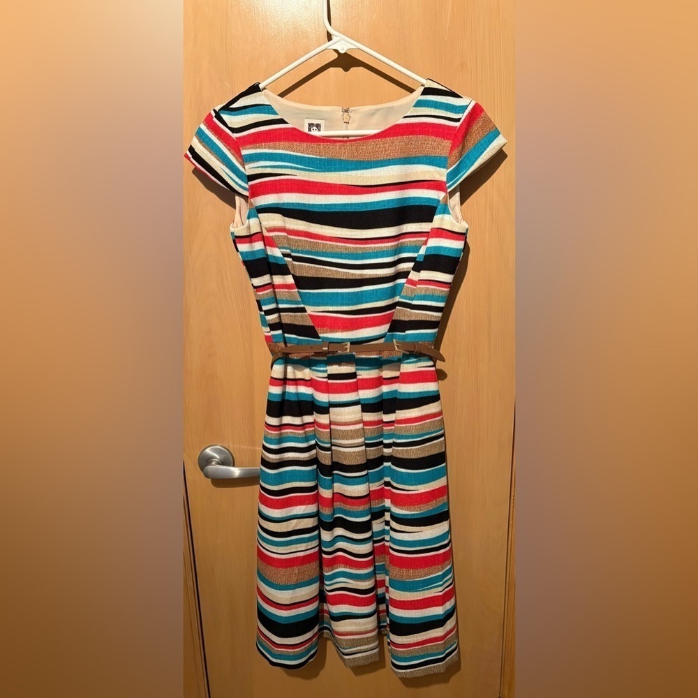 ANNE KLEIN Colorful Striped Fit Flare Party Dress Women’s Size 2 Belted